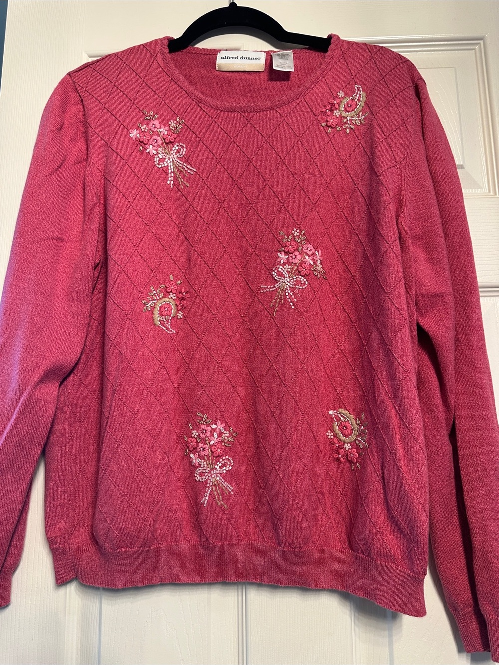 Alfred Dunner Rose Pink Embroidered Diamond-Knit Crewneck Sweater